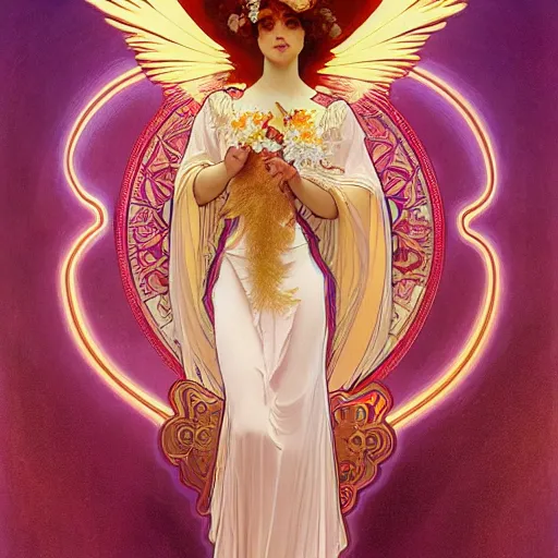 Prompt: a beautiful orchid phoenix angel woman, in an ornamented dress with large, volumetric light, god rays, 8 k high resolution, rubies, by alphonse mucha, artgerm