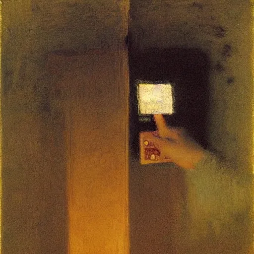 Image similar to A digital art. A rip in spacetime. Did this device in his hand open a portal to another dimension or reality?! by Eastman Johnson, by Mark Rothko lifelike