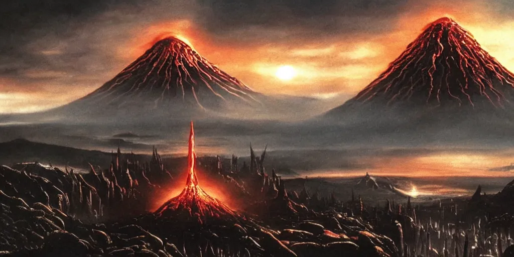 Prompt: lord of the rings movie still, directed by ridley scott in the style of h. r. giger, landscape of mordor with mount doom erupting in the background and barad - dur in the foreground, dark, cinematic, cinemascope