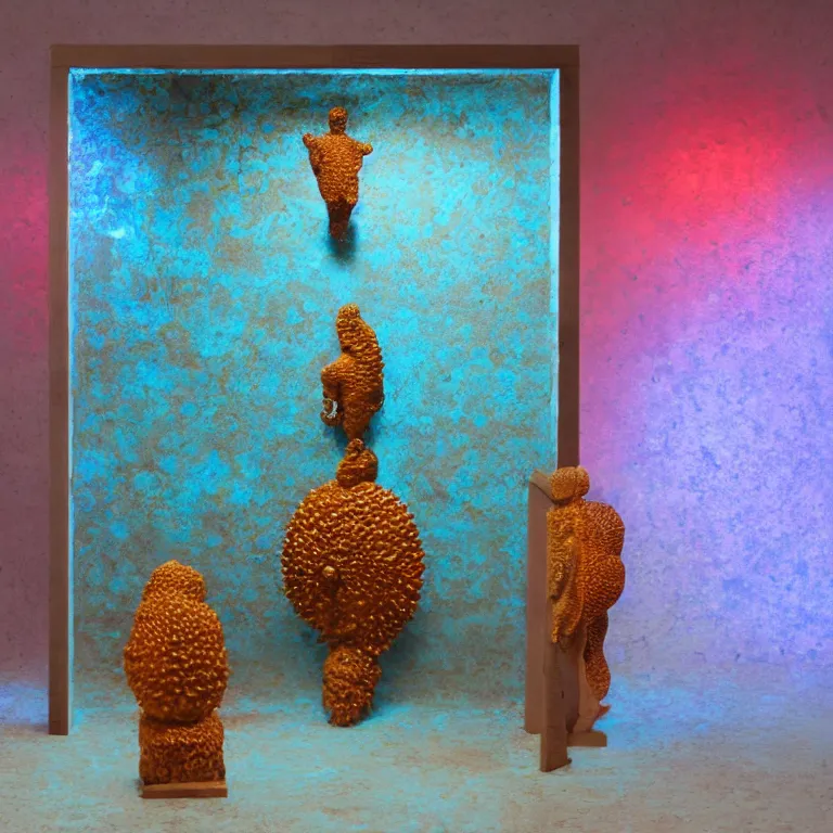 Prompt: hyperrealistic sculpture of a bronze ancient fossilized sea urchin mirror doorway with opalescent blue and iridescent red spraypaint in a plywood grid cage on a pedestal by ron mueck and duane hanson and lee bontecou, hyperrealistic dramatic colored lighting trending on artstation 8 k