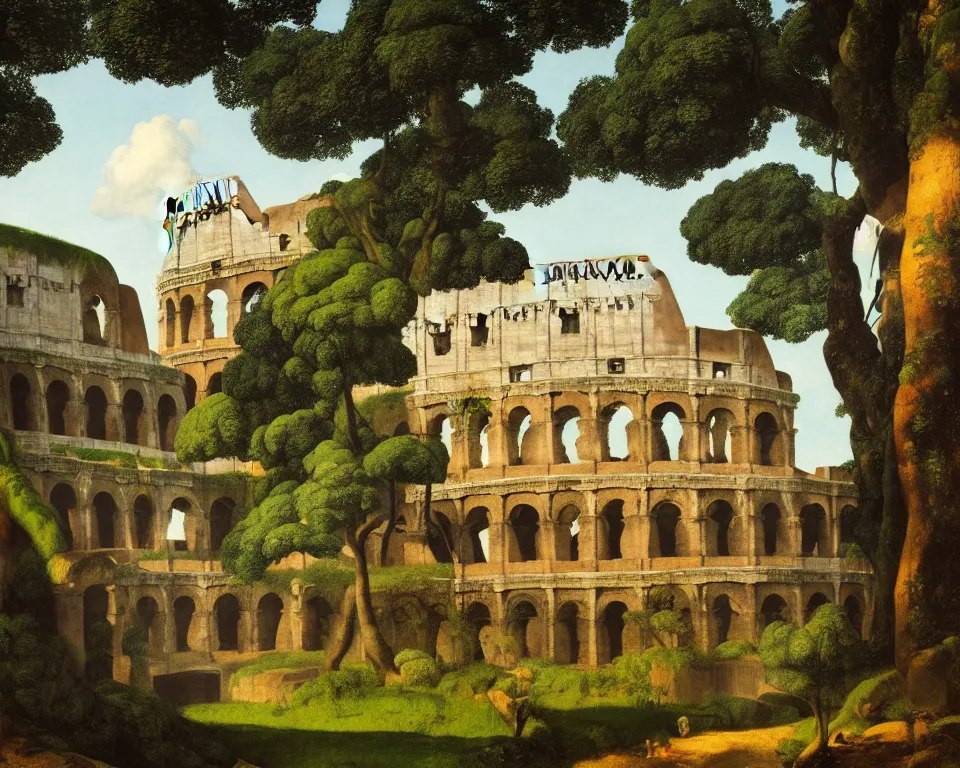 Image similar to an achingly beautiful print of the Colosseum in a jungle clearing with a waterfall in the distance by Raphael, Hopper, and Rene Magritte. detailed, romantic, enchanting, trending on artstation.