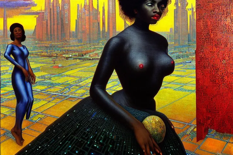 Image similar to realistic extremely detailed closeup portrait painting of a beautiful black woman in a dress with supercomputer robot, city street on background by Jean Delville, Amano, Yves Tanguy, Ilya Repin, Alphonse Mucha, Ernst Haeckel, Edward Hopper, Edward Robert Hughes, Roger Dean, rich moody colours