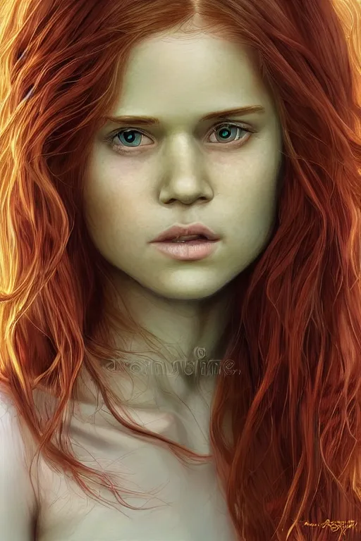 Image similar to ultra realistic style illustration of a beautiful cute red haired playful teen girl in a green dress, long hair, face of teen kate mara, sci - fi, intricate, elegant, digital painting, artstation, concept art, smooth, sharp focus, illustration, 8 k frostbite 3 engine, ultra detailed, art by artgerm and greg rutkowski and magali villeneuve