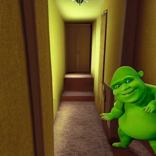 Prompt: shrek creeping into room, pov from bed