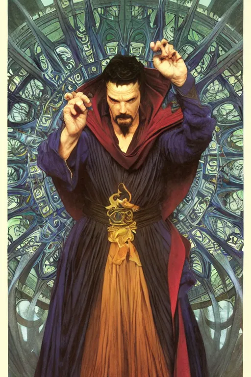 Image similar to Epic Dr. strange lit by dark evil magic portal, amazing colour harmony and variation, simple background, by Donato Giancola, William Bouguereau, John Williams Waterhouse and Alphonse Mucha