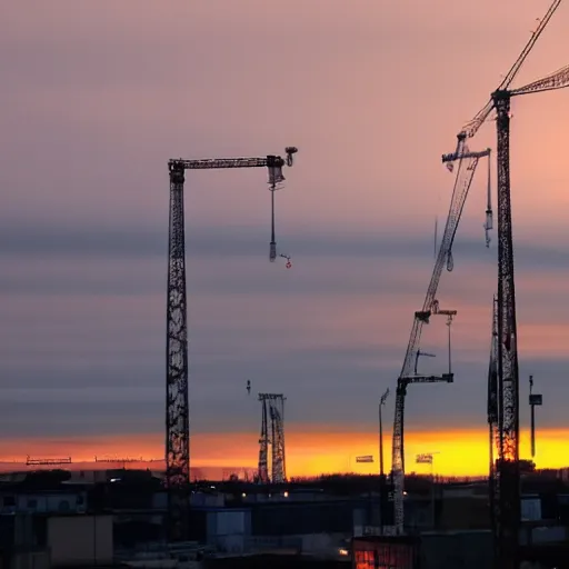 Image similar to The beauty of the sunset was obscured by the industrial cranes.