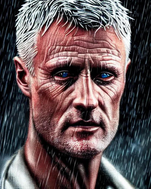 Image similar to a close up portrait of roy batty from blade runner, rainy streets in the background, digital art by joseph karl stieler and ross tran, highly detailed, trending on behance