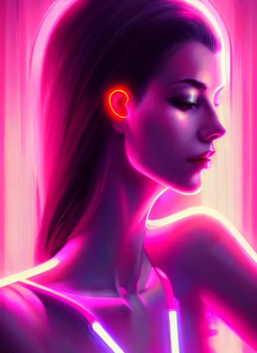 Image similar to portrait of female humanoid from 6 0 s era, intricate, elegant, cyber neon lights, highly detailed, digital painting, artstation, glamor pose, concept art, smooth, sharp focus, illustration, art by artgerm and greg rutkowski