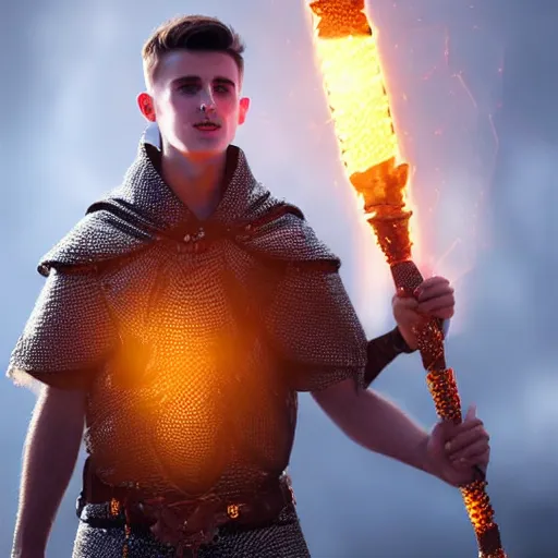 Prompt: Mason Mount wearing chainmail tunic holding a glowing fire magical staff. Trending on Artstation, octane render, ultra detailed, art by Ross tran