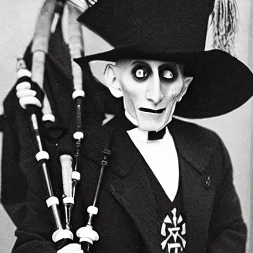 Image similar to beautiful count orlok in a kilt playing bagpipes