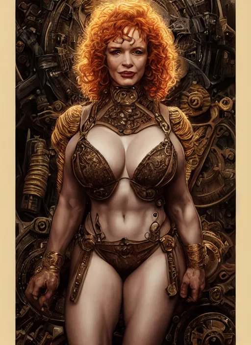 Image similar to Christina Hendricks as a ruggedly handsome hero staring into the camera, extreme muscles, six-pack, golden hour, intricate, elegant, highly detailed, centered, digital painting, artstation, concept art, smooth, sharp focus, illustration, artgerm, donato giancola, Joseph Christian Leyendecker, WLOP, Boris Vallejo, Artgerm