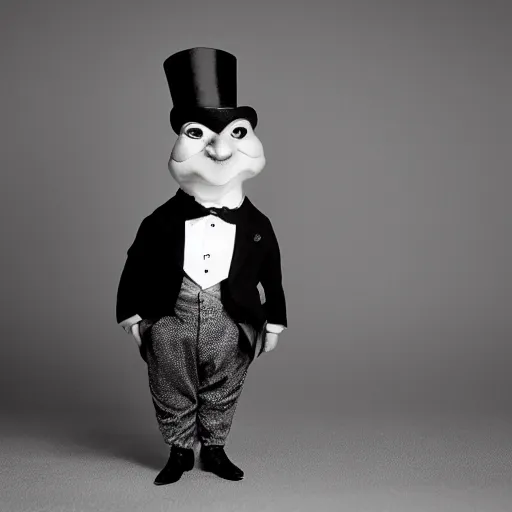 Prompt: an award winning analog photograph portrait of a toad standing upright on two legs, wearing a fancy top hat and a monocle. looking straight into the camera.