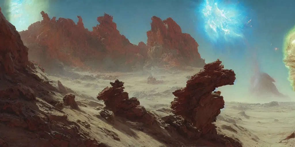 Prompt: supernova, red mountains on mars, sandfalls, ruins, painted by ruan jia, raymond swanland, lawrence alma tadema, zdzislaw beksinski, norman rockwell, jack kirby, tom lovell, alex malveda, greg staples