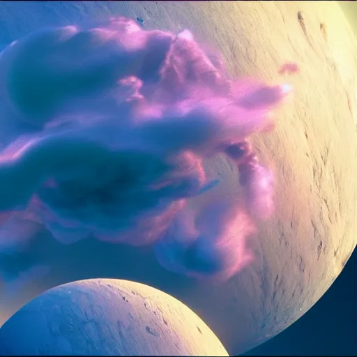 Image similar to promotional movie still, high - angle view of alien gas planet, extreme fluffy clouds, colors, 3 d, digital art, octane 3 d render, ue 5, realism, cinematic, imax 7 0 mm.