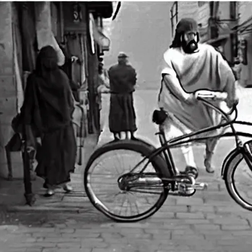 Prompt: CCTV footage of Jesus stealing a bike