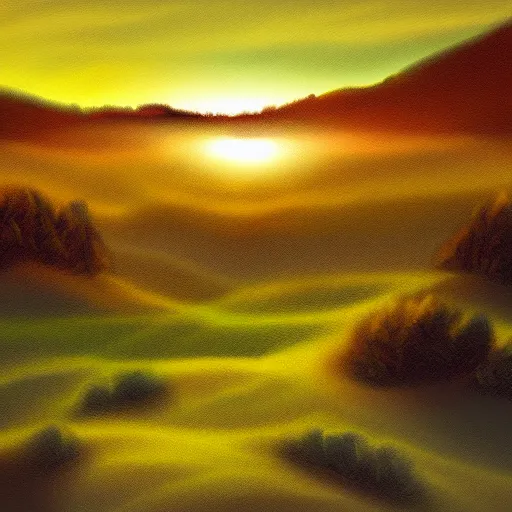 Prompt: Sunrise between two hills, digital art, oil brush