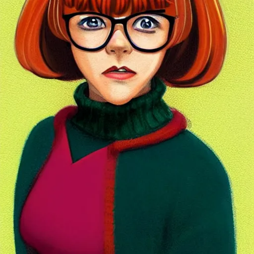 Prompt: Beautiful stunning Portrait face of Velma Dinkley Real Life Beautiful Portrait Scene of Velma Dinkley wearing her iconic orange sweater from Scooby Doo in court for falsely accusing someone of being a criminal by Greg Rutkowski. Velma is a teenage female, with chin-length auburn hair and freckles. She is wearing a baggy, thick turtlenecked orange sweater, with a red skirt, knee length orange socks and black Mary Jane shoes. by Mark Arian, soft render, octane, highly detailed painting, artstation