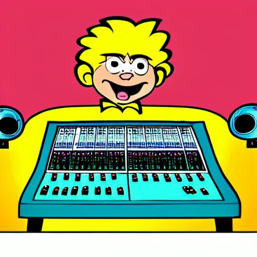 Prompt: cartoon illustration of a kid on a music studio mixing console in the style of The Beano