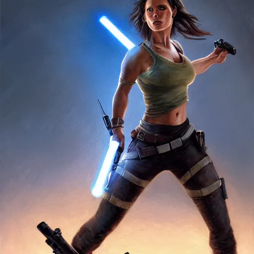 Image similar to Portrait Lara Croft wielding a blue Lightsaber, Tomb Raider, Alicia Vikander, beautiful, 4k oil on linen by wlop, artgerm, andrei riabovitchev, nuri iyem, james gurney, james jean, greg rutkowski, highly detailed, soft lighting 8k resolution