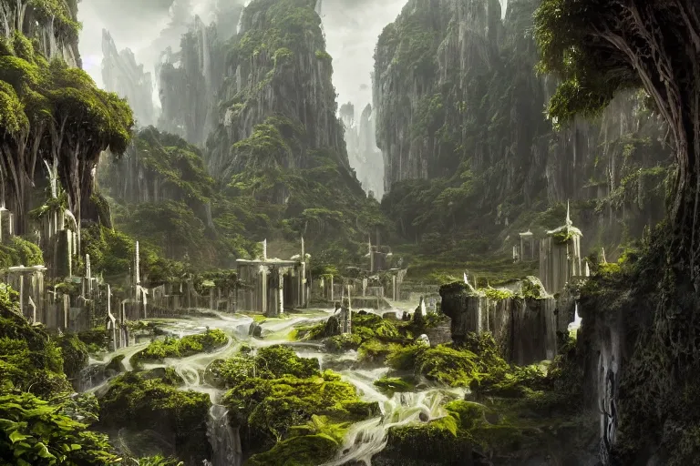 Prompt: An elven city at the base of a lush green valley with white monoliths surrounded by a moat by Greg Rutkowski, Sung Choi, Mitchell Mohrhauser, Maciej Kuciara, Johnson Ting, Maxim Verehin, Peter Konig, 8k photorealistic, cinematic lighting, HD, high details, dramatic, trending on artstation