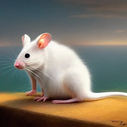 Image similar to animated white mouse with big ears portrait, dramatic light, lake background, 2 0 0 mm focal length, painted by stanley lau, painted by greg rutkowski, painted by stanley artgerm, digital art, trending on artstation