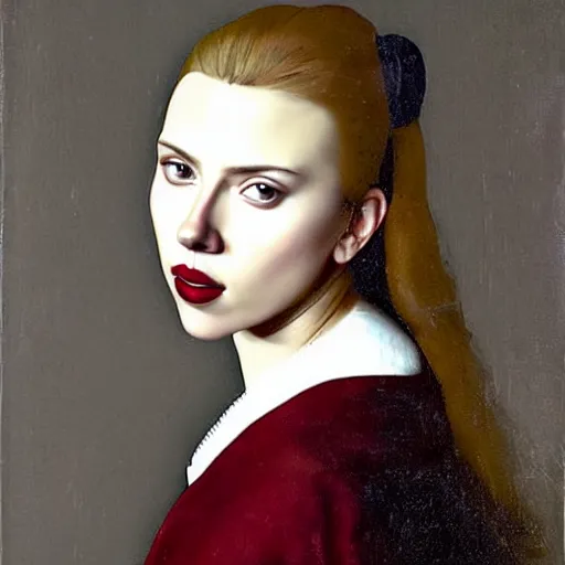 Image similar to A portrait of Scarlett Johansson painted by Johannes Vermeer