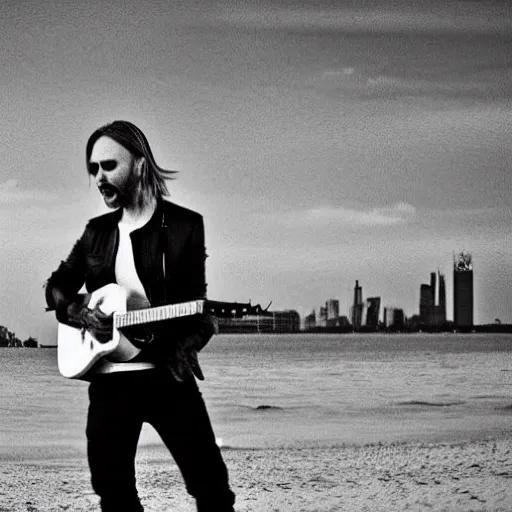 Prompt: Thom Yorke standing on the beach with a guitar, london burning in the background, a photo by John E. Berninger, trending on pinterest, private press, associated press photo, angelic photograph, masterpiece