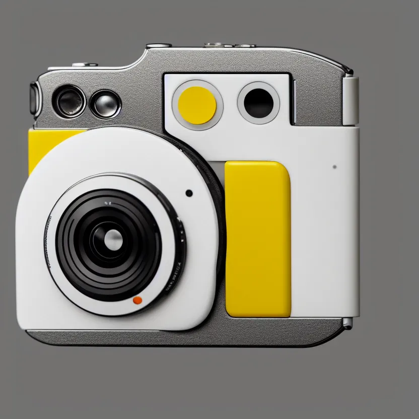 Prompt: photograph of a white and yellow medium format camera that looks like an ipod shuffle!!. big shiny lens. apple's design. keep it simple. plain grey background. object centered. highly detailed. shiny lens. artstation, concept art, symmetry, smooth, shallow focus, commercial photography