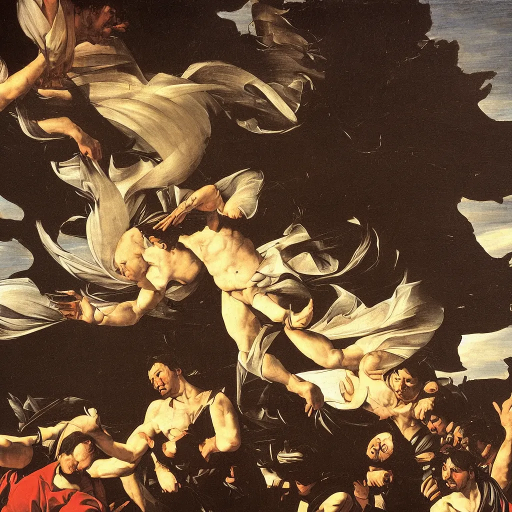 Prompt: A Caravaggio painting of a tornado touching down over a classical Italian village