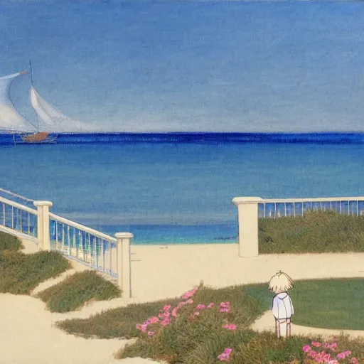 Image similar to Balustrade with a beach on the background, a colab between studio ghibli and paul delaroche