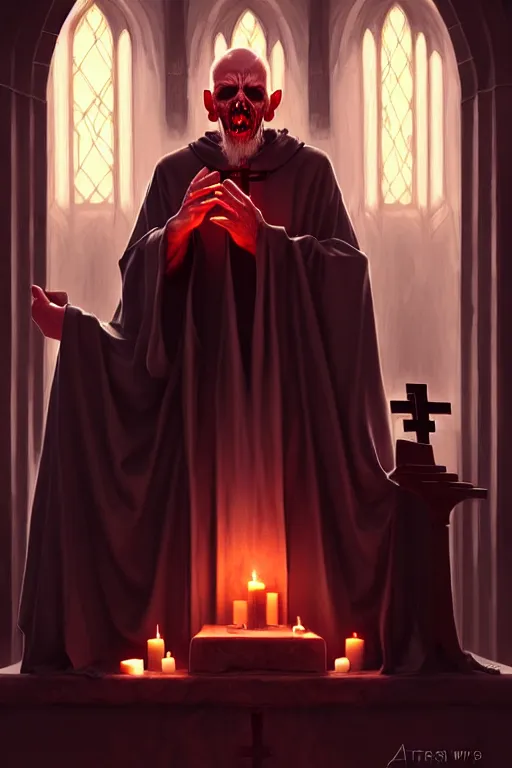 Image similar to dying rotting evil Priest at an alter giving a sermon to followers portrait by Artgerm and WLOP