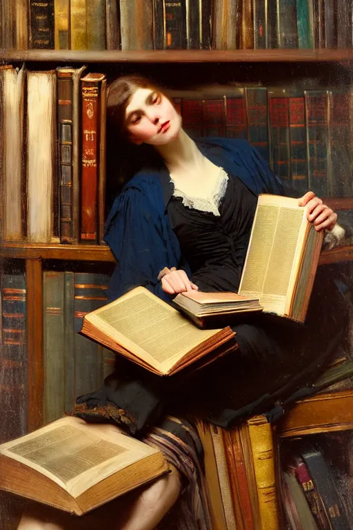 Image similar to soft colorsphotograph imax and solomon joseph solomon and richard schmid and jeremy lipking victorian loose genre loose painting full stack of books, bookish, book lover