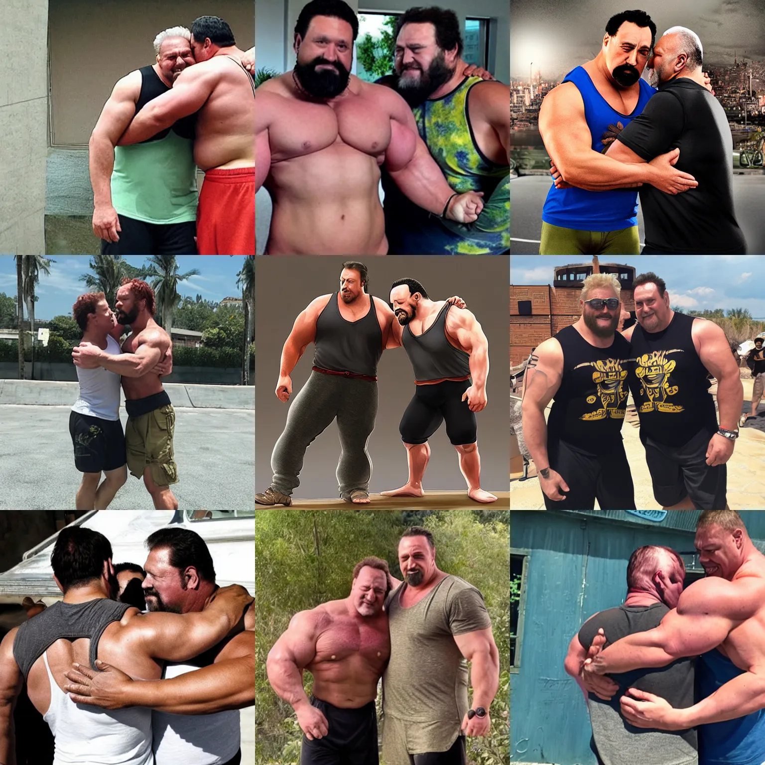 Prompt: two strongmen wearing tank tops, hugging, epic, realistic