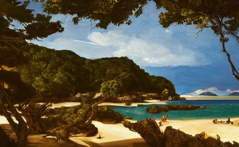 Image similar to golden bay abel tasman new zealand in the style of Caravaggio, digital art, high quality, highly detailed, high coherence, anatomically correct, Caravaggio, concept art, marterpiece
