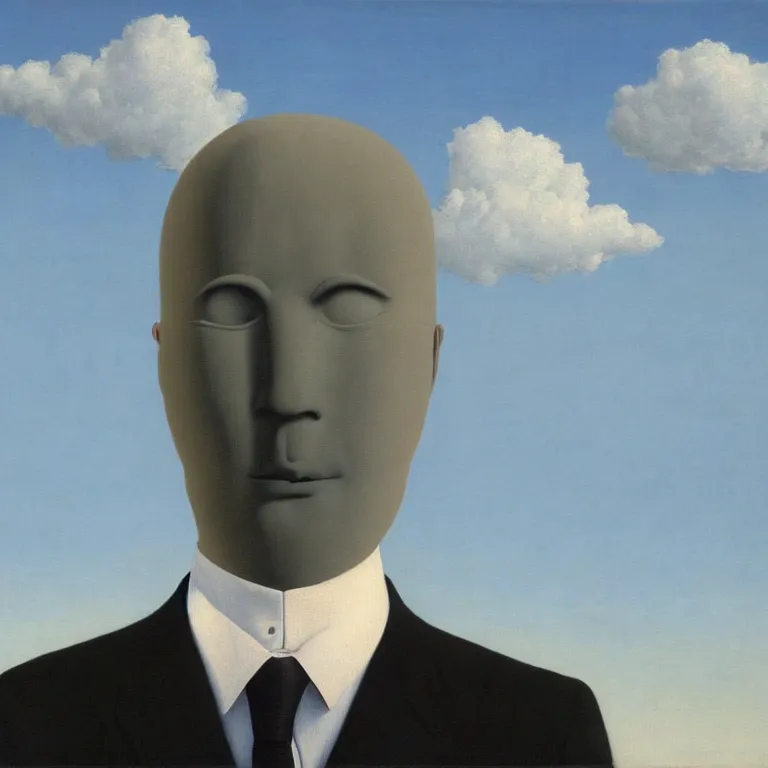 Prompt: portrait of a faceless shadow - head man in a suit, clouds in the background, by rene magritte, detailed painting, distance, centered, hd, hq, high resolution, high detail, 4 k, 8 k