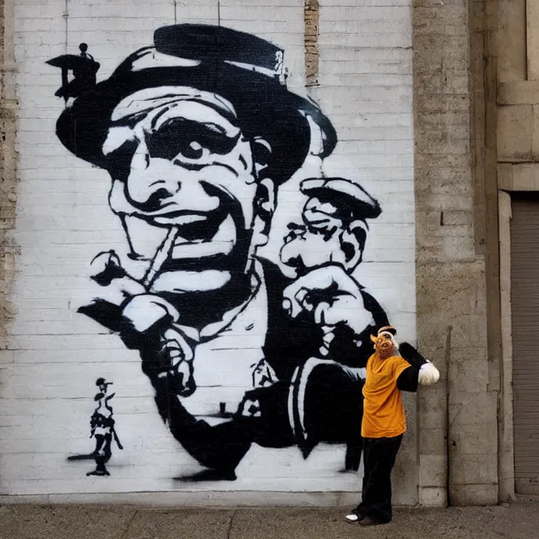 Image similar to Street-art portrait of Popeye the Sailor in style Banksy, photorealism