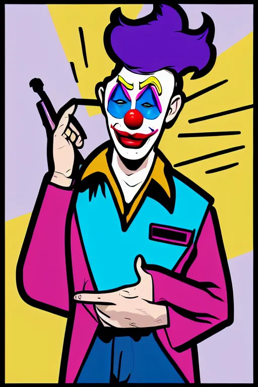 Prompt: display twitter guy wearing an blouses with clown mask. pop art, gta vice city art style, digital art, arstation art, pixel art, face and body features details, ultra realistic details, concept art, casual art, sharp focus, illustration, intecrate details, elegant, confident posse, art by mark millar and richard hamilton and mimmo rottela