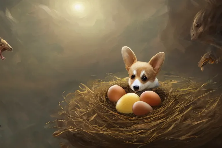 Prompt: a baby corgi crawling out of an egg laying in a nest, fantasy art, oil painting, concept art, 4 k, extremely detailed, realistic,