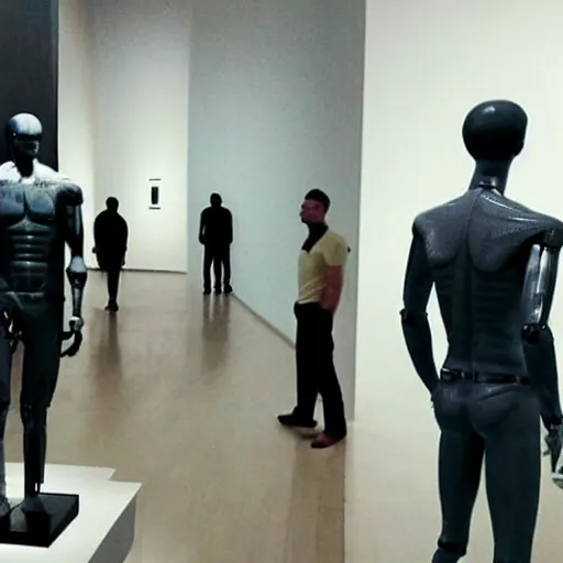 Image similar to “ a realistic detailed photo of a guy who is an attractive humanoid who is half robot and half humanoid, who is a male android, actor liam hemsworth, shiny skin, posing like a statue, blank stare, at the museum, on display ”