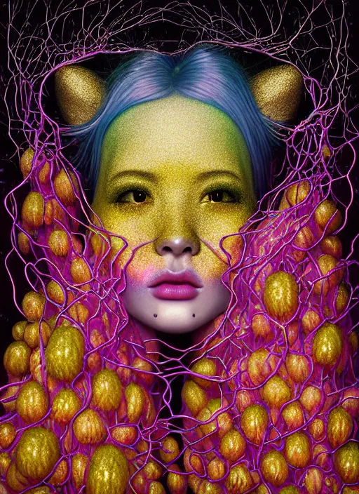 Prompt: hyper detailed 3d render like a Oil painting - kawaii half visceral portrait Aurora (sultry gold haired Singer elk) seen Eating of the Strangling network of yellowcake aerochrome and milky Fruit and Her gilded compound eyes delicate Hands hold of gossamer polyp blossoms bring iridescent fungal flowers whose spores black the foolish stars by Jacek Yerka, Mariusz Lewandowski, Houdini algorithmic generative render, Abstract brush strokes, Masterpiece, Edward Hopper and James Gilleard, Zdzislaw Beksinski, Mark Ryden, Wolfgang Lettl, hints of Yayoi Kasuma, octane render, 8k