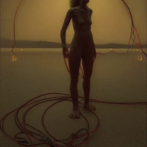 Image similar to liminal!!, portrait, shore of the lake, woman, wrapped around by glowing tubes and cables, short black curly hair, glowing red, by edgar maxence and ross tran, zdzisław beksinski, and michael whelan, distant, gustav dore, h. r. giger, 8 k, octane render