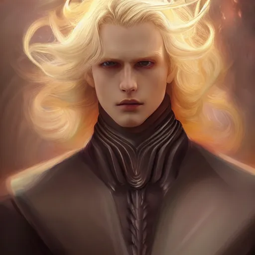 Prompt: digital art of a pale menacing male Cyborg Angel of Battle with long blond curls of hair and piercing eyes, johan liebert mixed with Dante, central composition, he commands the fiery power of resonance and wrath, very very long blond curly hair with bangs!!!, baroque curls, by Ross Tran Rossdraws and WLOP, Artstation, CGsociety