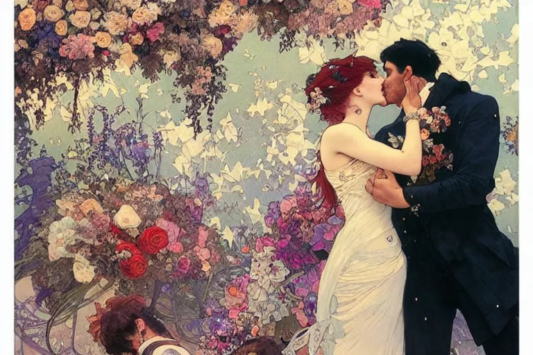 Image similar to the groom kisses the bride at a wedding full of flowers, bright and happy, dreamlike art, highly detail, 4 k realistic, wedding photoy krenz cushart. artem demura. alphonse mucha. yoji shinkawa artgerm. jon lothian. danilo torres. adi meyers. thomas reimann. gaston bussiere.