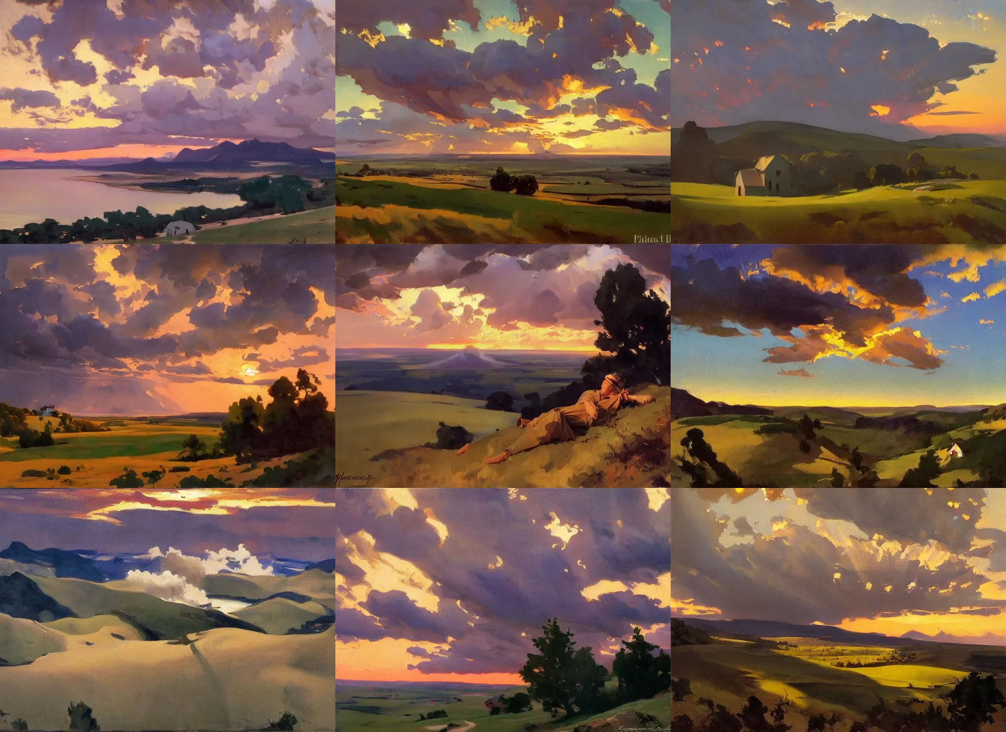 Prompt: painting by sargent and leyendecker and greg hildebrandt epic evening sky at sunset, low thunder clouds foothpath at indian summer wide river horizon tiny old house on top of hill view from above