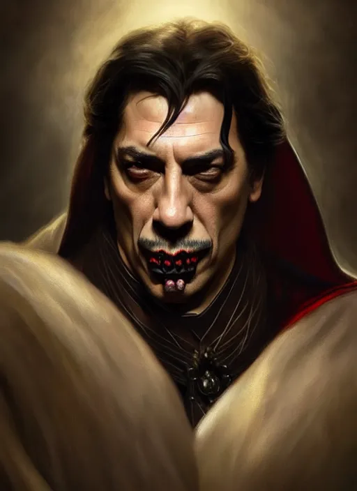 Image similar to Portrait of Javier Bardem as Dracula, D&D, muscular, fantasy, intricate, elegant, highly detailed, digital painting, artstation, concept art, smooth, sharp focus, illustration, art by artgerm and greg rutkowski and alphonse mucha