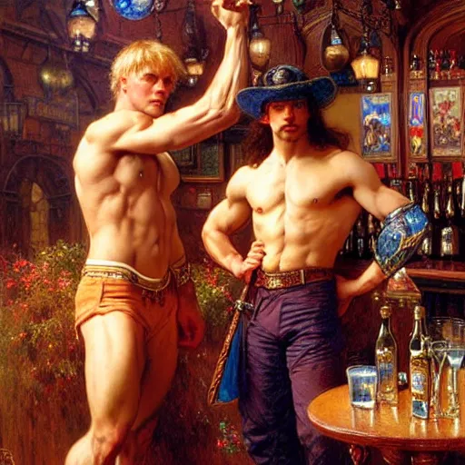 Image similar to attractive muscular arthur pendragon and muscular attractive merlin go to a pub together to have some drinks. highly detailed painting by gaston bussiere, craig mullins, j. c. leyendecker, alphonse mucha 8 k