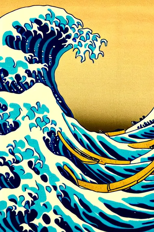 Image similar to Shepard Fairey The Great Wave off Kanagawa, sun in the background