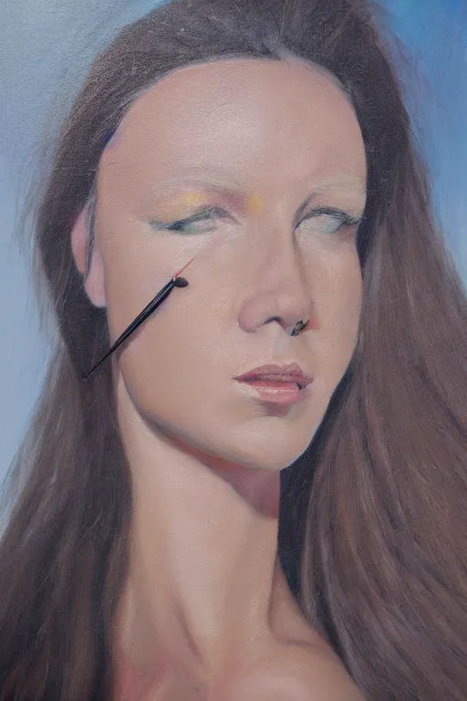 Image similar to oil painting, close-up hight detailed portrait of woman with needle close to eye, in style of 80s sci-fi art