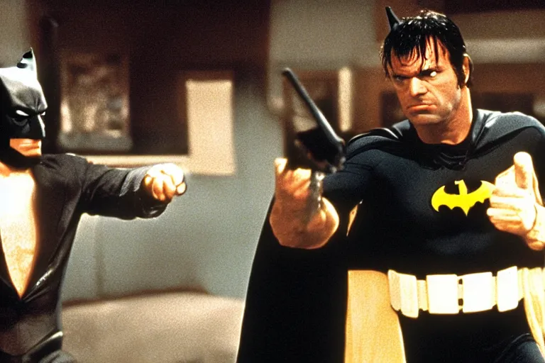 Image similar to film still of batman in pulp fiction.