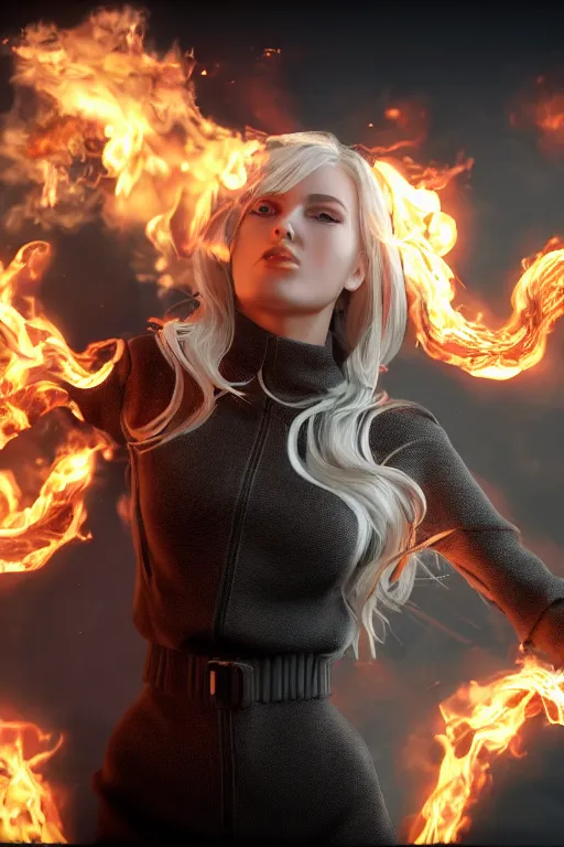 Image similar to a beautiful blonde woman spitting flames with her hands wearing a long matrix jacket, realistic, high definition, many details, dramatic scene, detailed and realistic hands, symmetrical face, realistic eyes, art of unreal engine 5